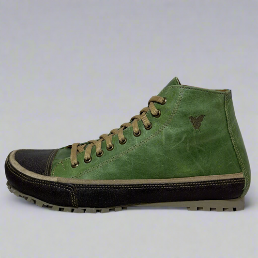 Green high-top sneaker with black sole on a white background