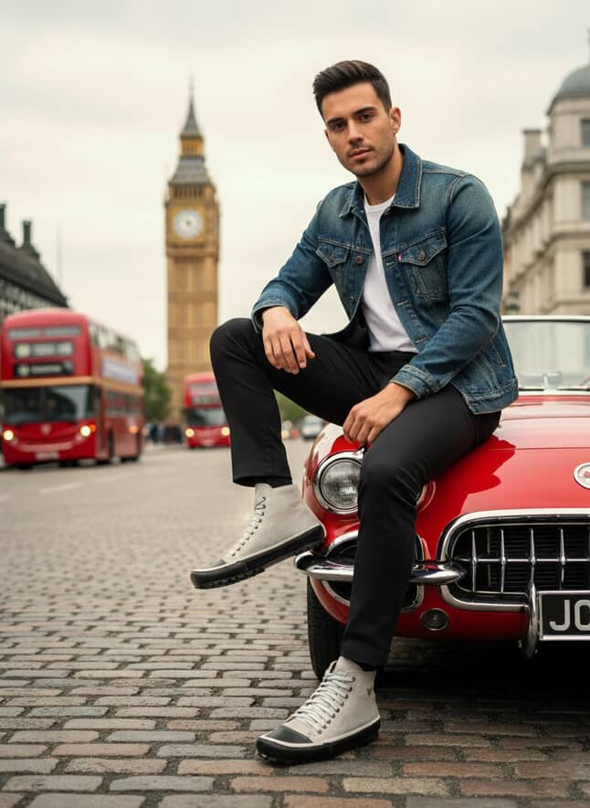 Man sitting on a red car with Big Ben in the background